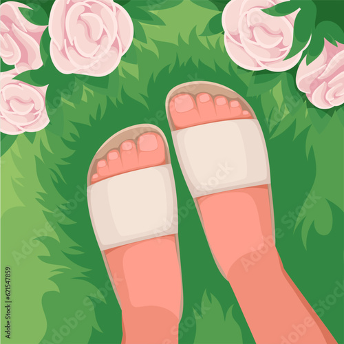 Top view of legs in summer flip flops vector illustration. Cartoon selfie look down of persons feet standing on green grass with pink flowers, girl walking in park with summer or spring blossoms