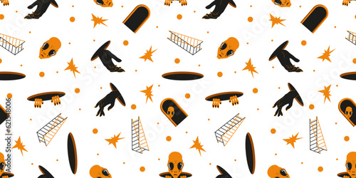 Surreal seamless pattern with funky cartoon Characters. Arch, stairs, hand and Alien. Print Design for Wallpaper and bed linen Futuristic printing. Vector Art.