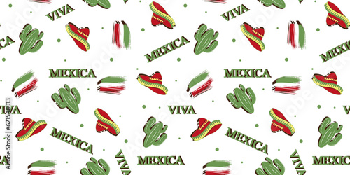 Seamless pattern with Mexican sombrero, cactus and Flag isolated on white background. Wallpaper and bed linen print. Design for t-shirt and textile printing with cacti and mexico hat. Vector art.