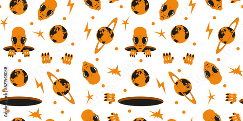 Surreal seamless pattern with funky cartoon Characters. Saturn, Eath, Black Hole and Alien. Print Design for Wallpaper and bed linen Futuristic printing. Vector Art.