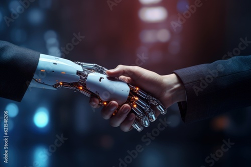 Shaking hands with the future. human and AI collaboration. Generative AI