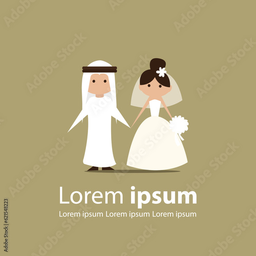 wedding cermo Arab UAE QATAR SAUDI wedding bride love couple groom woman dress vector illustration ny by arabic
