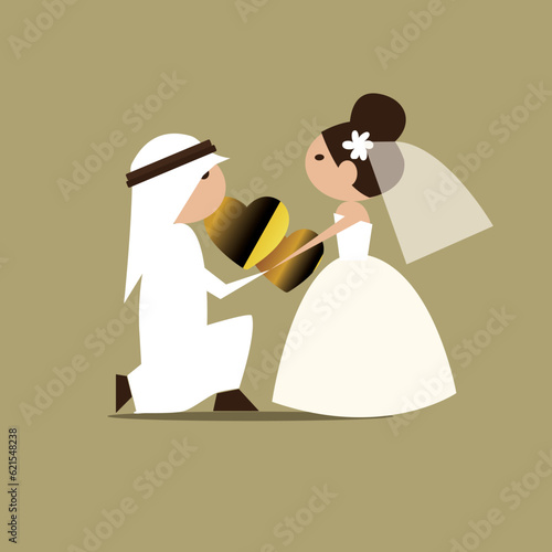 wedding cermo Arab UAE QATAR SAUDI wedding bride love couple groom woman dress vector illustration ny by arabic