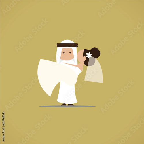 wedding cermo Arab UAE QATAR SAUDI wedding bride love couple groom woman dress vector illustration ny by arabic