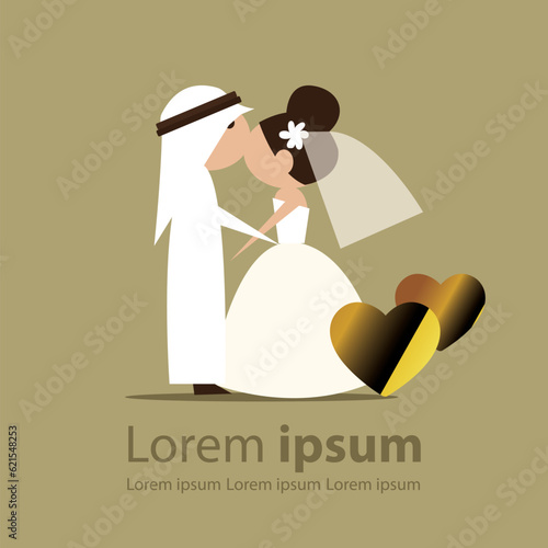 wedding cermo Arab UAE QATAR SAUDI wedding bride love couple groom woman dress vector illustration ny by arabic