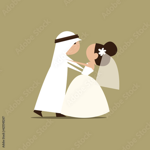 wedding cermo Arab UAE QATAR SAUDI wedding bride love couple groom woman dress vector illustration ny by arabic
