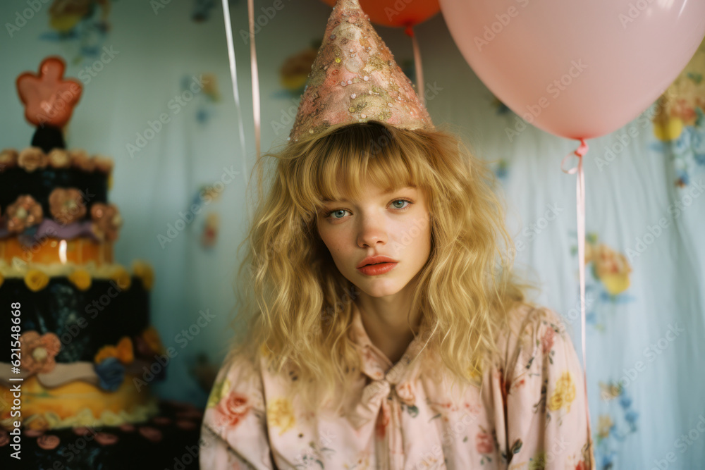 portrait of a woman/model/book character with birthday party cake setting and thoughtful/sad expression in a fashion/beauty editorial magazine style film photography look - generative ai art portrait of a woman/model/book character with birthday party cake setting and thoughtful/sad expression in a fashion/beauty editorial magazine style film photography look - generative ai art