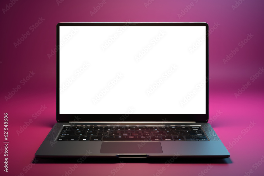 Mock up blank screen laptop computer on white table. Generative AI Mock up blank screen laptop computer on white table. Generative AI