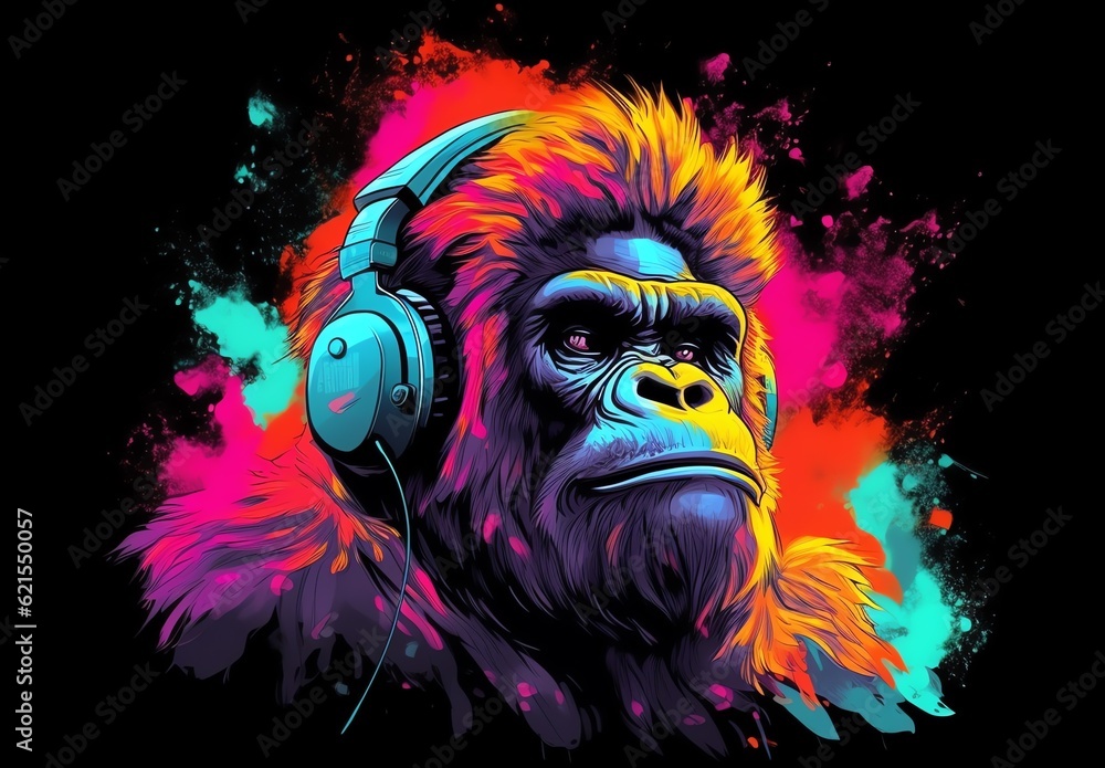 Radiant Grooves: Gorilla Wearing Headphones in Colorful Paint