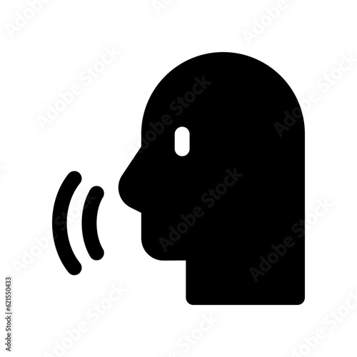 Vector person speaking, speech recognition, voice activation icon. Black, white background. Perfect for app and web interfaces, infographics, presentations, marketing, etc.