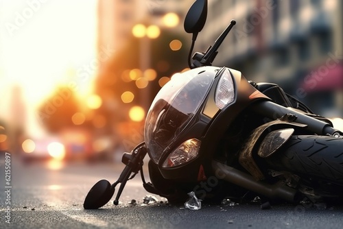 Motorcycle crash road accident with broken motorbike and helmet