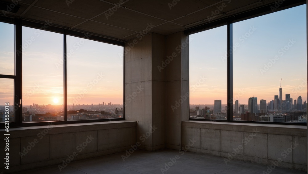 sunset over the window, modern room interior with big windows and concrete brown wall