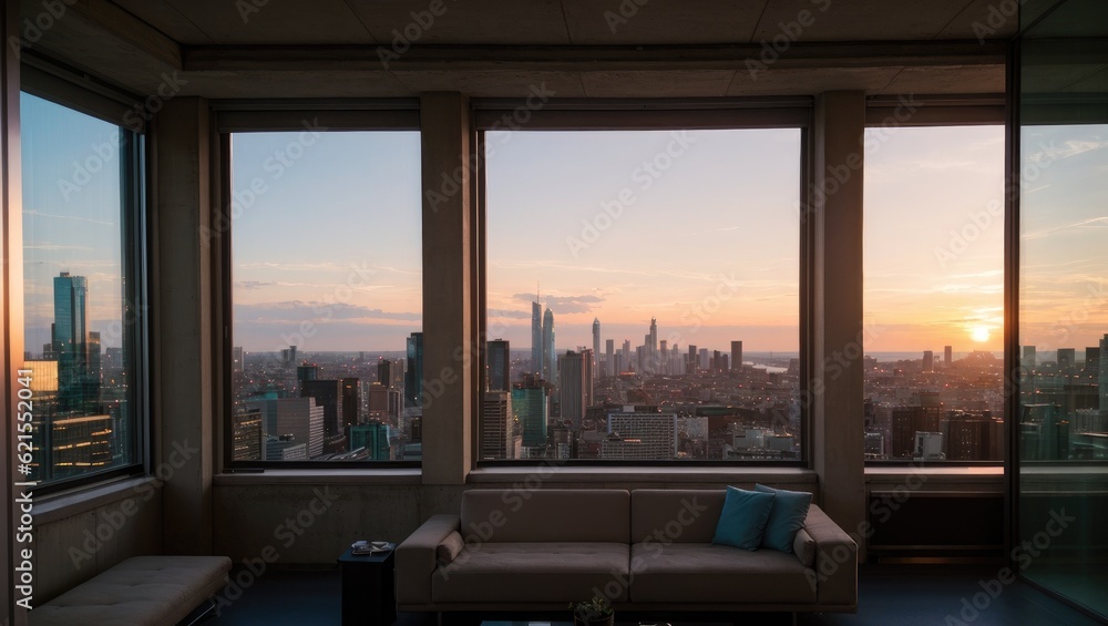 Fototapeta premium sunset over the window, modern room interior with big windows and concrete brown wall