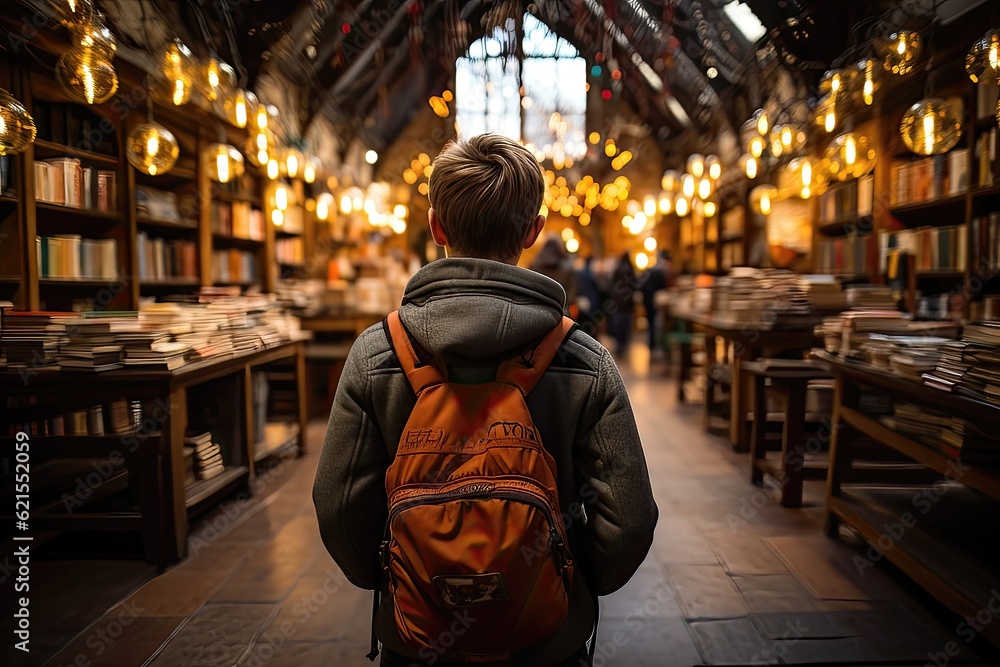 Back view of a young boy looking at books in a book store
