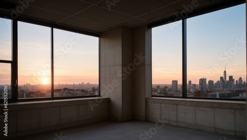sunset over the window, modern room interior with big windows and concrete brown wall © Digital AI Vault