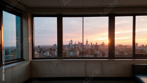 sunset over the window  modern room interior with big windows and concrete brown wall