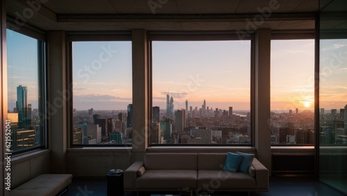 sunset over the window  modern room interior with big windows and concrete brown wall