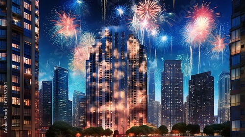 Celebrating fireworks in New Year with skyscrapers building