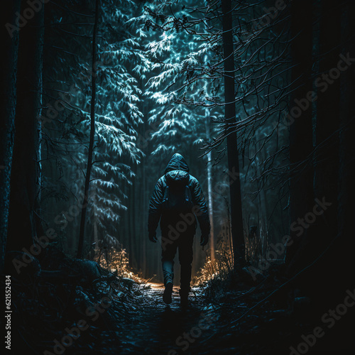 Human walking out of the forest into the unknown darkness, scary © gkhan