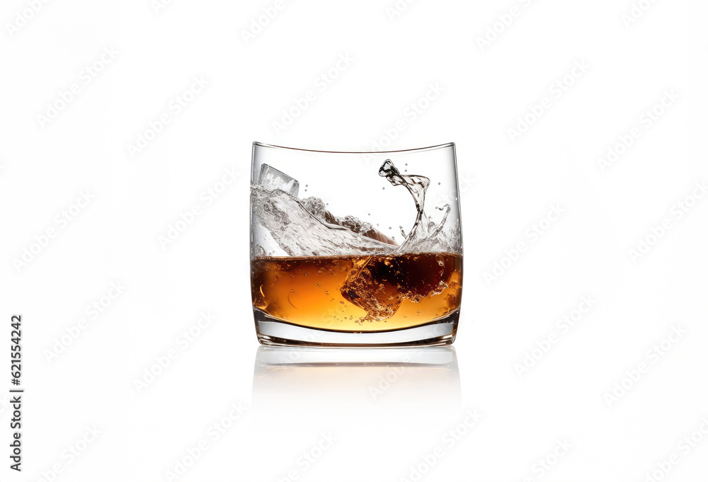 whiskey with ice, stylish rocks glass, the old-fashioned glass, the lowball, splashing with ice, isolated on white background whiskey with ice, stylish rocks glass, the old-fashioned glass, the lowball, splashing with ice, isolated on white background