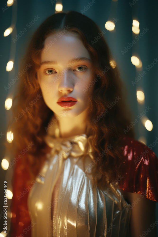 portrait of a woman/model/book character surrounded by fairy lights and shadows in a fashion/beauty editorial magazine style film photography beauty look - generative ai art portrait of a woman/model/book character surrounded by fairy lights and shadows in a fashion/beauty editorial magazine style film photography beauty look - generative ai art