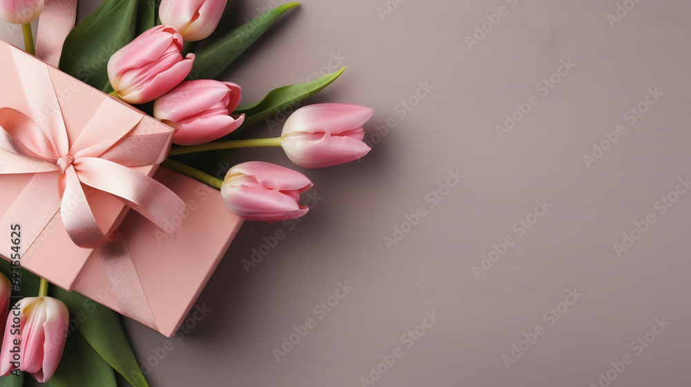 Fototapeta premium Beautiful background with flowers and gift new quality universal colorful festive image design illustration, generative ai