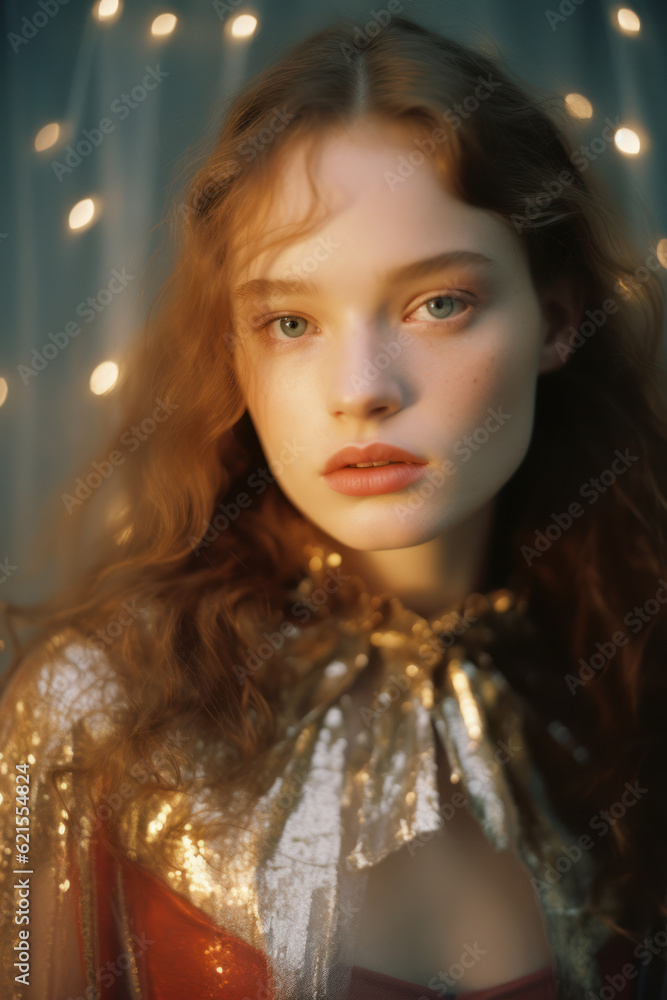 portrait of a woman/model/book character surrounded by fairy lights and shadows in a fashion/beauty editorial magazine style film photography beauty look - generative ai art portrait of a woman/model/book character surrounded by fairy lights and shadows in a fashion/beauty editorial magazine style film photography beauty look - generative ai art