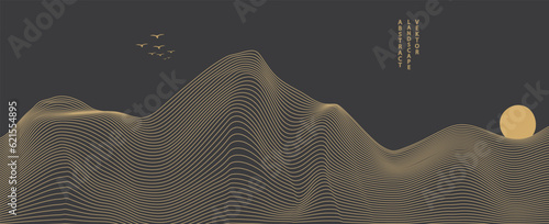 Vector abstract art landscape mountain with birds and sunrise sunset with golden line art texture isolated on dark gray black background. Minimal luxury style for wallpaper, wall art decoration.