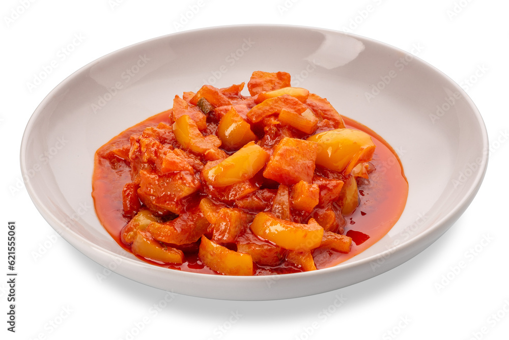 Pepper stew with potatoes in tomato sauce in white dish isolated Pepper stew with potatoes in tomato sauce in white dish isolated