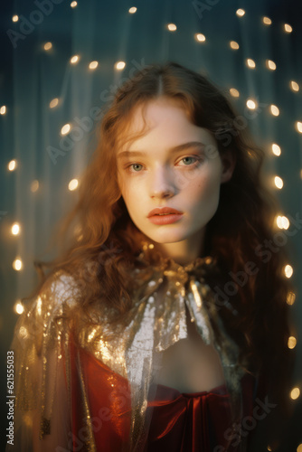 portrait of a woman/model/book character surrounded by fairy lights and shadows in a fashion/beauty editorial magazine style film photography beauty look - generative ai art