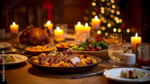 Stampa su tela Christmas meal, served on the table with decoration christmas
