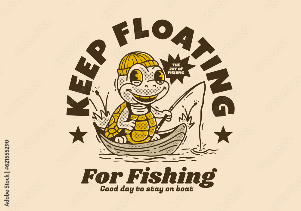 Keep floating for fishing, Mascot character of the turtle fishing on the boat