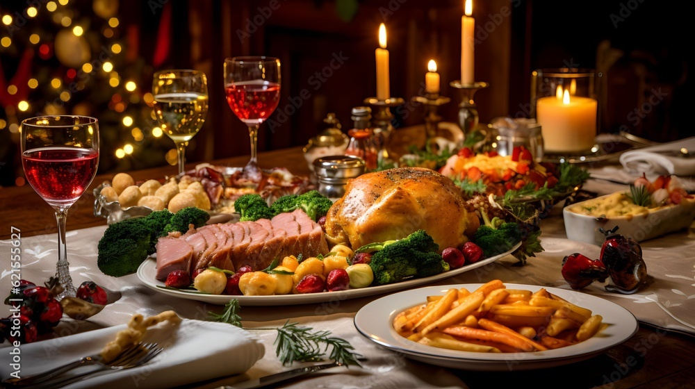 Fototapeta premium Christmas meal, served on the table with decoration christmas