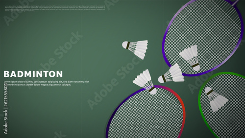 Badminton racket with white badminton shuttlecock on green background badminton court indoor badminton sports wallpaper with copy space  ,  illustration Vector EPS 10