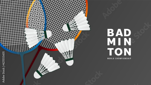 Badminton racket with white badminton shuttlecock on white line on green background badminton court indoor badminton sports wallpaper with copy space  ,  illustration Vector EPS 10