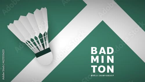 Badminton racket with white badminton shuttlecock on white line on green background badminton court indoor badminton sports wallpaper with copy space  ,  illustration Vector EPS 10