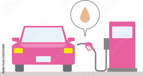 ガソリン自動車がガソリンスタンドで給油する様子を正面から描いたイラスト