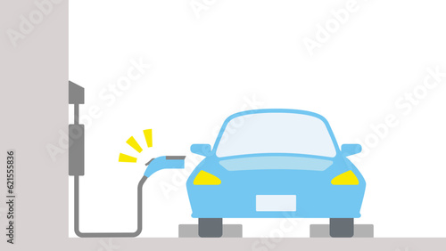 電気自動車が自宅の駐車場で充電する様子を正面から描いたイラスト