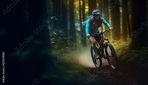 woman bicycle sport walking summer dark sunset forest biker cycling bike. Generative AI.