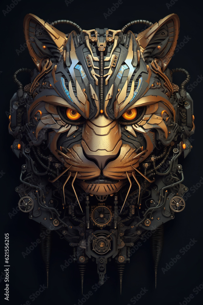 A close up of a cat's head with gears. Generative AI. A close up of a cat's head with gears. Generative AI.