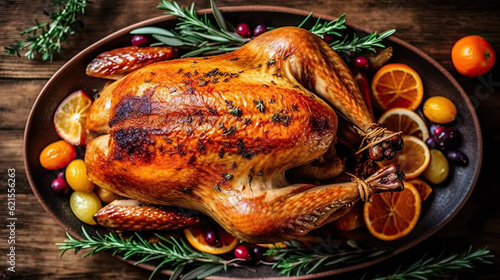 Beautifuly plated traditional roasted turkey for Thanksgiving on the rustic wooden table, top view photo