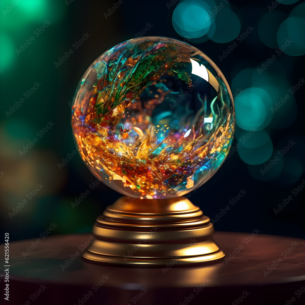 A glass ball with colorful lights inside on a golden metal base