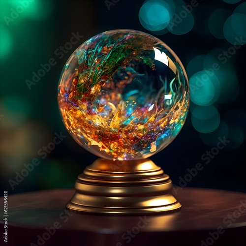 A glass ball with colorful lights inside on a golden metal base