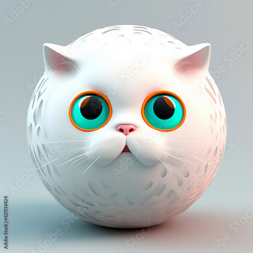 A cute white cat with blue eyes in the shape of a sphere