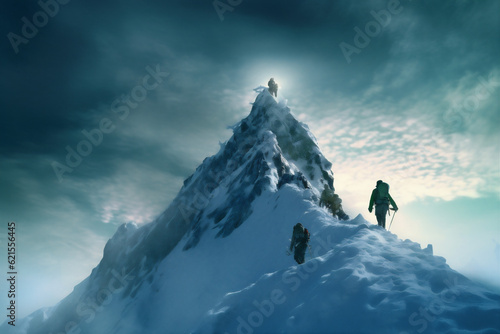 nature snow landscape sport winter hiking blizzard group adventure mountain. Generative AI. © VICHIZH