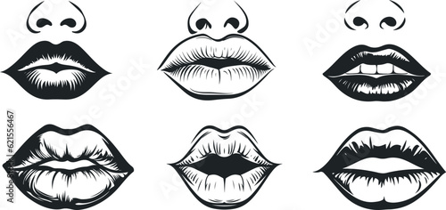Set of lips icon collection. Vector illustration of sexy woman's lips expressing different emotions, Sexy lips isolated on white background. 3D design. woman's lips closeup photo