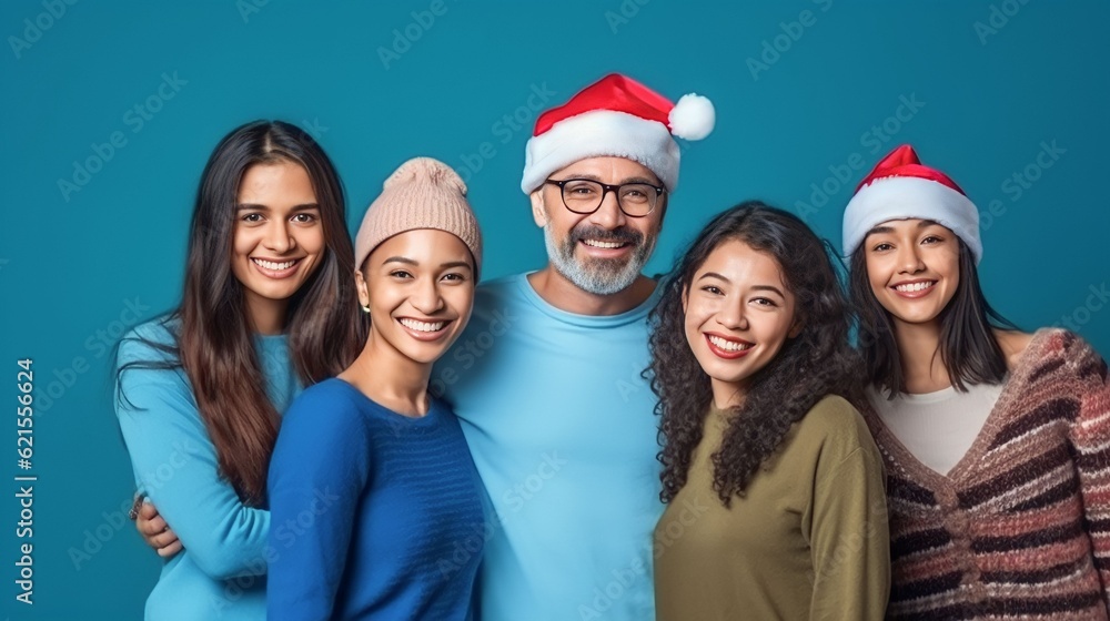 Diverse Happy Excited People In Santa Hats Posing Over Blue Toned Backgrounds, Cheerful Multiethnic Men And Woman