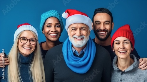 Diverse Happy Excited People In Santa Hats Posing Over Blue Toned Backgrounds, Cheerful Multiethnic Men And Woman