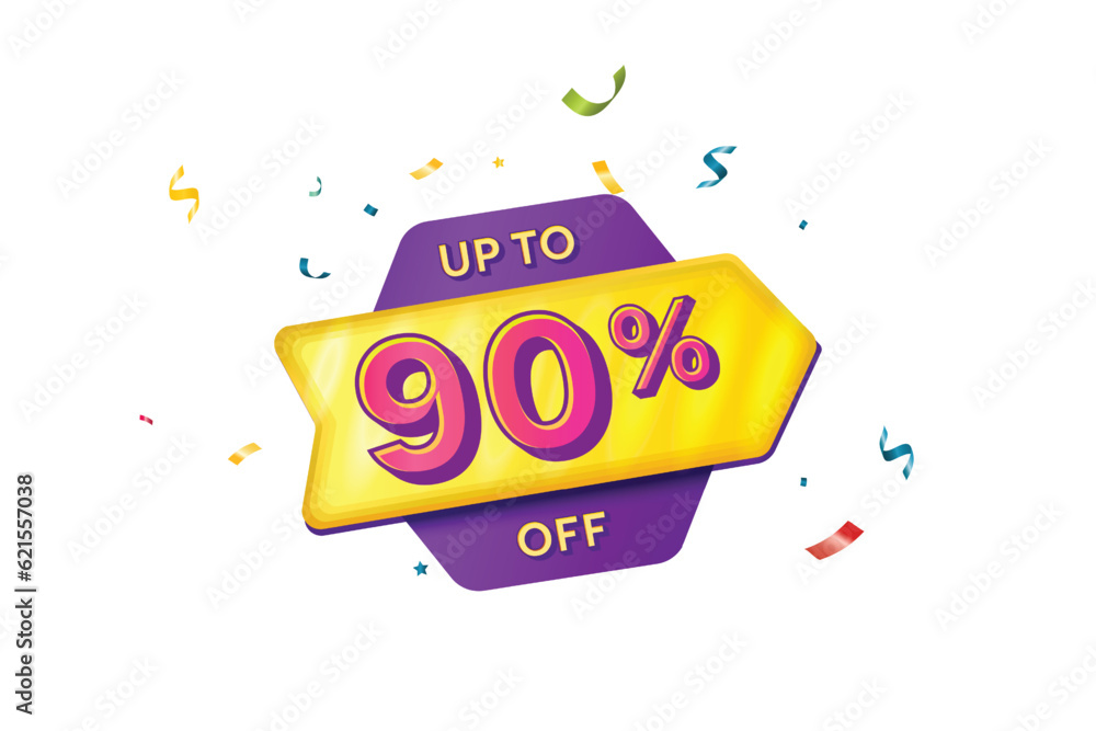 Sale Discount Label. Rounded Triangle Shape Sale Promotion Stamp. Price Upto 90% Off Tag. Purple and Yellow Combo Sale Label.