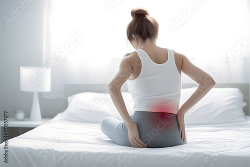 Fotografie, Obraz Young woman suffering from low back and loin pain. AI generated.